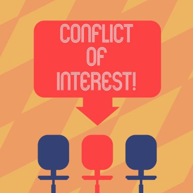 Text sign showing Conflict Of Interest. Conceptual photo interests of public duty versus private interests Blank Space Color Arrow Pointing to One of the Three Swivel Chairs photo. clipart