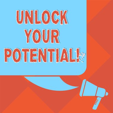 El yazısı metin Unlock potansiyel. Unleash için gelecekteki başarı renk siluet, boş Meydanı konuşma balonu ve megafon fotoğraf neden olabilir yeteneklerini anlam kavramı.
