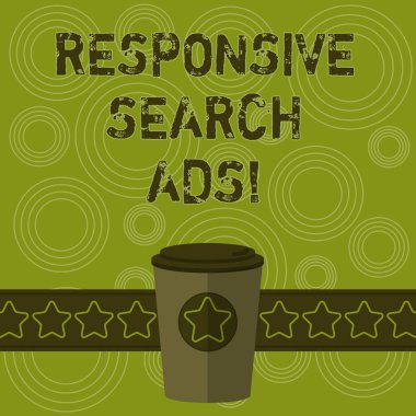 Duyarlı arama reklamları göstermek Not yazma. Reklam şeridi boş metin yer üstünde 3d için Git kahve kapak kapak ve yıldız ile gösterir olasılığını artırmak için vitrine iş fotoğraf.