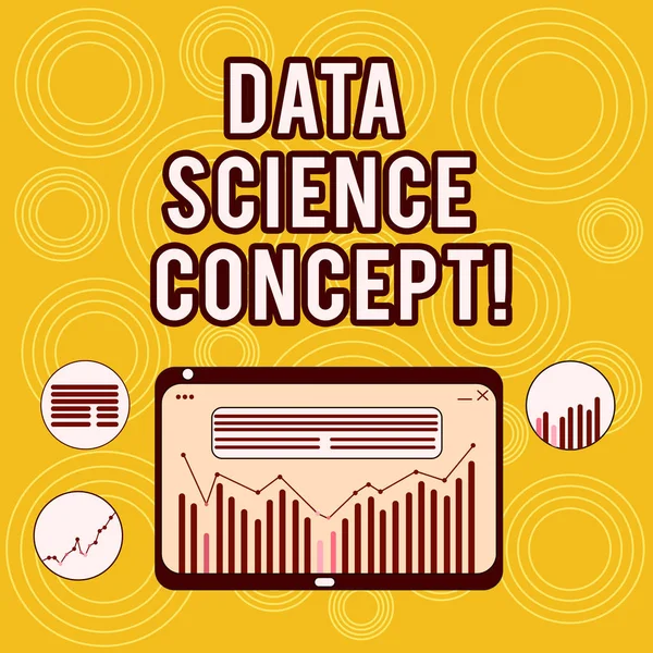 Schrijven van notitie weergegeven: Data Science Concept. Zakelijke foto presentatie van extractie van de waardevolle kennis van onbewerkte gegevens digitale combinatie van kolom gegevens grafisch lijndiagram op Tablet PC-scherm. — Stockfoto