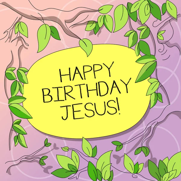 Word writing text Happy Birthday Jesus. Business concept for Celebrating the birth of the holy God Christmas Day Tree Branches Scattered with Leaves Surrounding Blank Color Text Space.