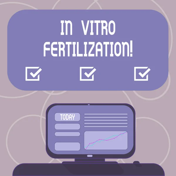 Word writing text In Vitro Fertilization. Business concept for Complex series of procedures used to treat fertility Mounted Computer Screen with Line Graph on Desk Blank Color Text Box.