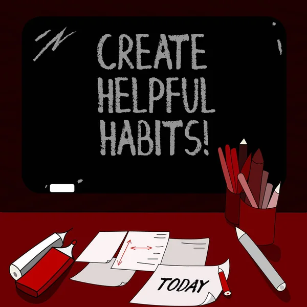 Conceptuele hand schrijven tonen nuttige gewoonten maken. Zakelijke foto presentatie ontwikkelen een positieve routine gedrag op dagelijkse basis inbouw schoolbord met krijt schrijven Tools bladen op Bureau. — Stockfoto