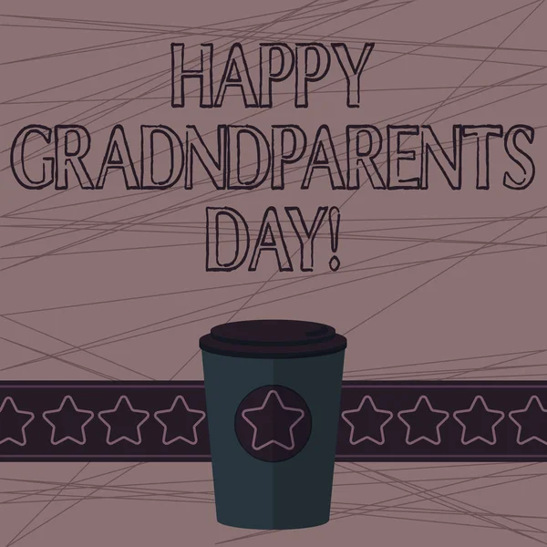 Segno di testo che mostra Happy Grandparents Day. Foto concettuale Festa nazionale per celebrare e onorare i nonni 3D Coffee To Go Cup con coperchio coperchio e stelle sulla striscia Spazio di testo vuoto . — Foto Stock