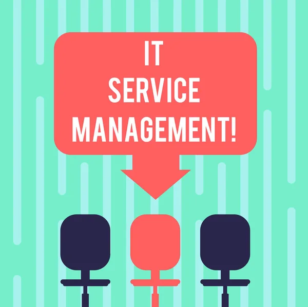 Word writing text It Service Management. Business concept for the process of aligning enterprise IT services Blank Space Color Arrow Pointing to One of the Three Swivel Chairs photo.