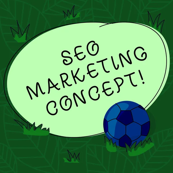 Handwriting text Seo Marketing Concept. Concept meaning Strategy that implement to satisfy customers need Soccer Ball on the Grass and Blank Outlined Round Color Shape photo.