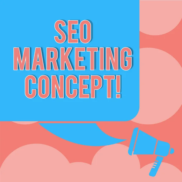 Writing note showing Seo Marketing Concept. Business photo showcasing Strategy that implement to satisfy customers need Color Silhouette of Blank Square Speech Bubble and Megaphone photo.