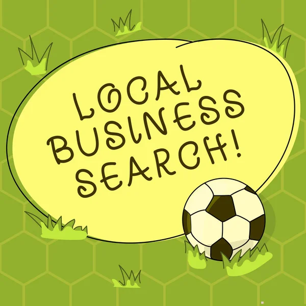 Conceptual hand writing showing Local Business Search. Business photo showcasing looking for product or service that is locally located Soccer Ball on the Grass and Blank Round Color Shape photo.