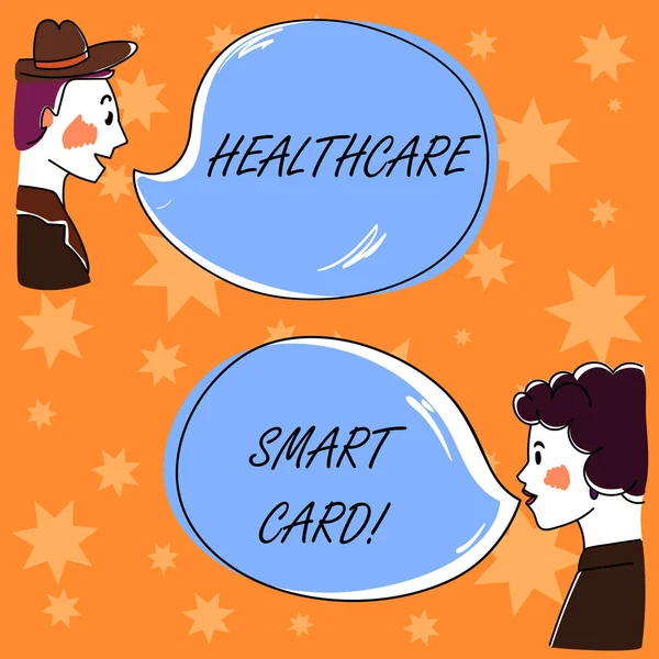 Handwriting text Healthcare Smart Card. Concept meaning A card that has basics of a patient s is health records Hand Drawn Man and Wo analysis Talking photo with Blank Color Speech Bubble. — Stock Photo, Image