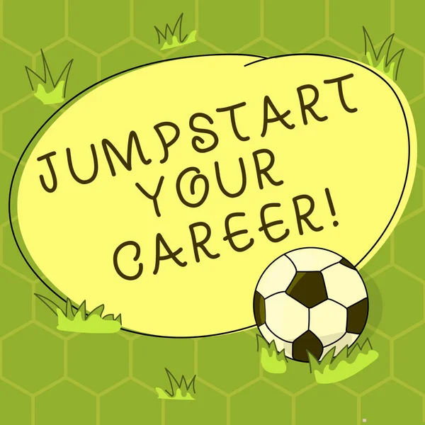 Conceptual hand writing showing Jumpstart Your Career. Business photo showcasing Make it work successfully after a period of failure Soccer Ball on the Grass and Blank Round Color Shape photo.