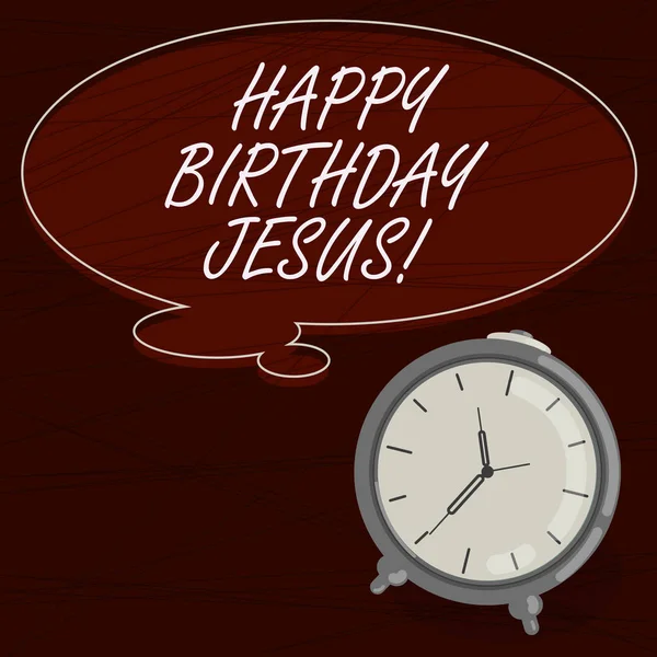 Text sign showing Happy Birthday Jesus. Conceptual photo Celebrating the birth of the holy God Christmas Day Blank Color Thought Speech Bubble with Outline and Alarm Clock photo.