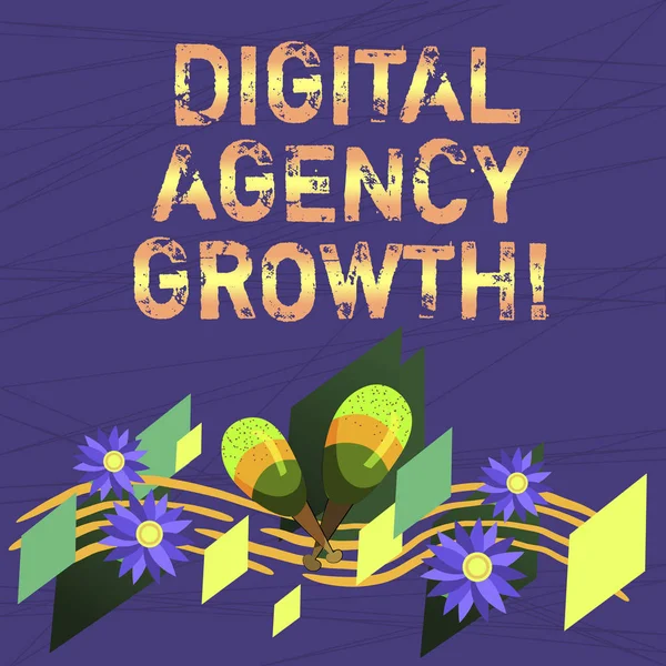 Conceptual hand writing showing Digital Agency Growth. Business photo text Progress of graphic design and copywriting business Colorful Instrument Maracas Flowers and Curved Musical Staff.