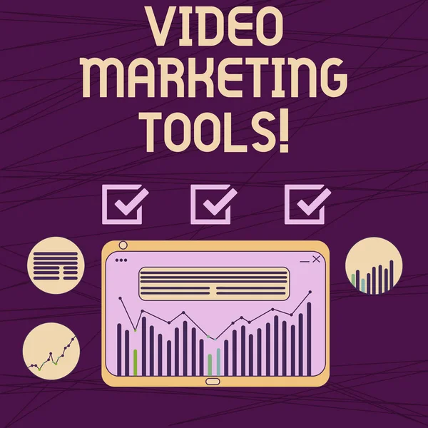 Conceptual hand writing showing Video Marketing Tools. Business photo showcasing Technique used to increase audience engagement Digital Combination of Column Data Graphic Chart on Tablet.