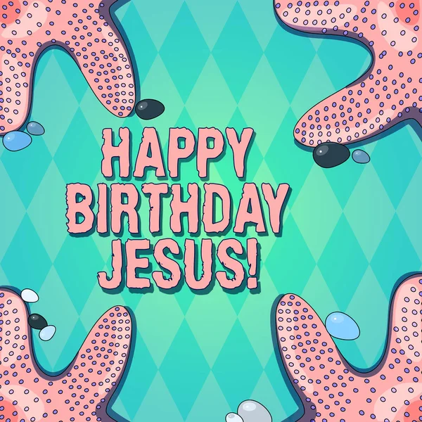 Text sign showing Happy Birthday Jesus. Conceptual photo Celebrating the birth of the holy God Christmas Day Starfish photo on Four Corners with Colorful Pebbles for Poster Ads Cards.