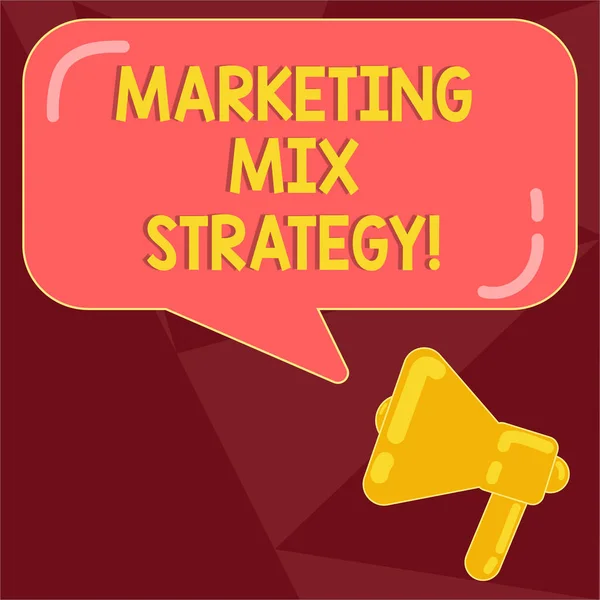 Text sign showing Marketing Mix Strategy. Conceptual photo Set of governable tactical marketing tool company use Megaphone photo and Blank Rectangular Color Speech Bubble with Reflection. — Stock Photo, Image