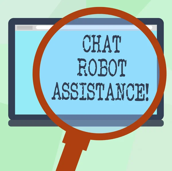 Conceptual hand writing showing Chat Robot Assistance. Business photo text answers customer services questions and provides help Magnifying Glass Enlarging Tablet Color Screen text Space.