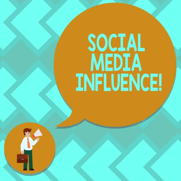 Text sign showing Social Media Influence. Conceptual photo Individuals ability to affect others thinking Man in Necktie Carrying Briefcase Holding Megaphone Blank Speech Bubble.