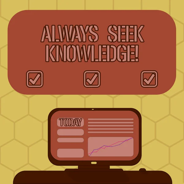 Word writing text Always Seek Knowledge. Business concept for Autodidact Strong sense of sought out knowledge Mounted Computer Screen with Line Graph on Desk Blank Color Text Box.