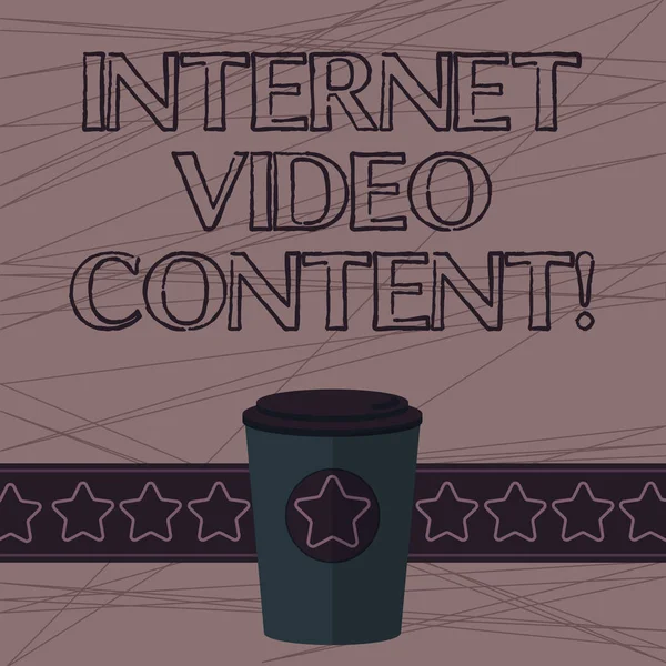 显示互联网视频内容的文本符号。概念照片交易与视频传输在互联网3d 咖啡去杯与盖子盖和星条空白文本空间. — 图库照片