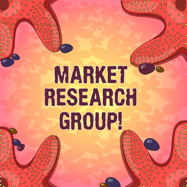 Word writing text Market Research Group. Business concept for gather information about target markets or customers Starfish photo on Four Corners with Colorful Pebbles for Poster Ads Cards.
