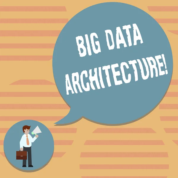 Teks tulisan Big Data Architecture. Konsep bisnis yang dirancang untuk menangani analisis data terlalu besar Man in Necktie Membawa Briefcase Holding Megaphone Blank Speech Bubble . — Stok Foto