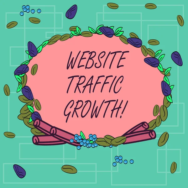Word writing text Website Traffic Growth. Business concept for marketing metric that measures visitors of a site Wreath Made of Different Color Seeds Leaves and Rolled Cinnamon photo.