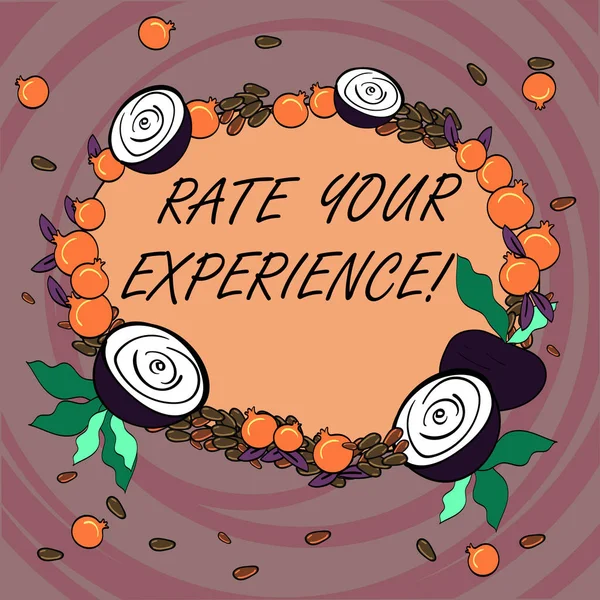 Writing note showing Rate Your Experience. Business photo showcasing Evaluate the knowledge or skill you have gained Floral Wreath made of Tiny Seeds Small Glossy Pomegranate and Cut Beet.
