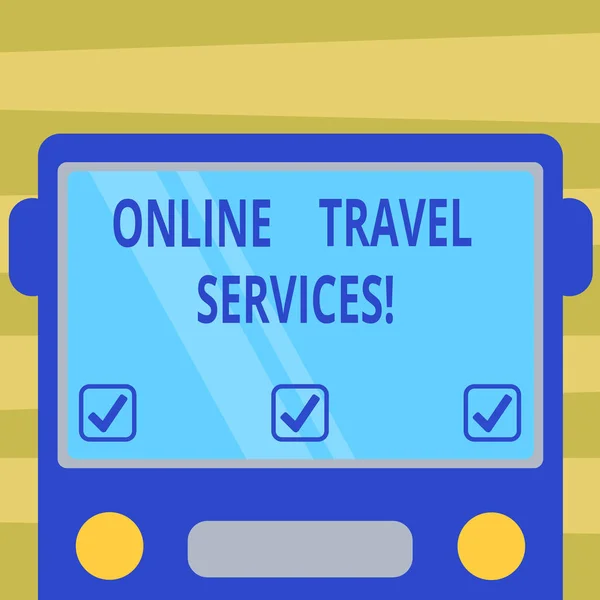 Text tecken visar Online resetjänster. Konceptuella foto körningar resor och turism relaterade service till dras platt Front vy av bussen med Blank färg fönster sköld reflekterande. — Stockfoto