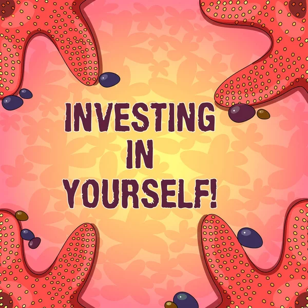 Szöveg írása Word befektetés a magad. Üzleti koncepció a tanulás új készség fejlesztése magát szakmailag Starfish fénykép a négy sarkából a színes kavicsok poszter hirdetéseket kártyák. — Stock Fotó