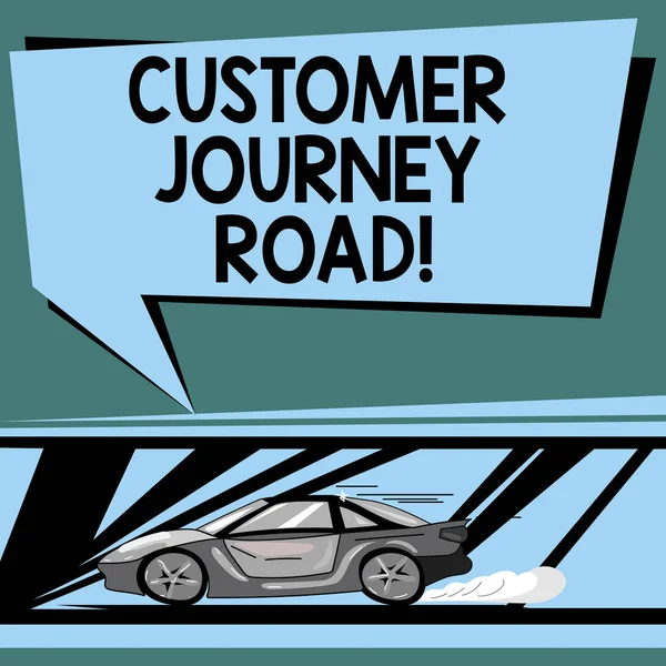 Text sign showing Customer Journey Road. Conceptual photo Customer experiences when interacting your brand Car with Fast Movement icon and Exhaust Smoke Blank Color Speech Bubble.