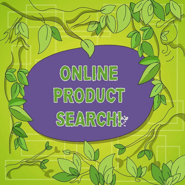 Writing note showing Online Product Search. Business photo showcasing searching for goods and services over the Internet Tree Branches Scattered with Leaves Surrounding Blank Color Text Space.