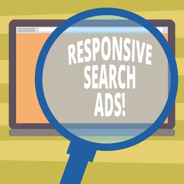 Text sign showing Responsive Search Ads. Conceptual photo To increase the likelihood that your ad shows Magnifying Glass Enlarging Tablet Blank Color Screen photo text Space.