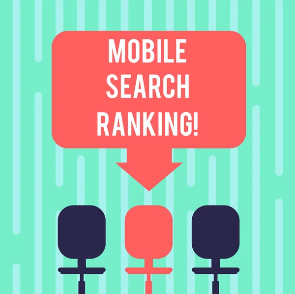 Word writing text Mobile Search Ranking. Business concept for website or page is ranked within search engine results Blank Space Color Arrow Pointing to One of the Three Swivel Chairs photo.
