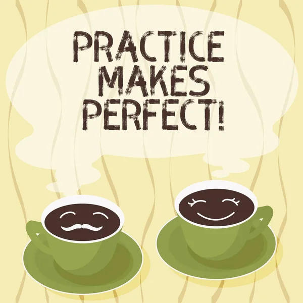 Handgeschreven tekst praktijk maakt Perfect. Concept, wat betekent dat regelmatige oefening van vaardigheid tot expert in het Sets van Cup schotel voor zijn en haar koffie gezicht pictogram met lege stoom. — Stockfoto