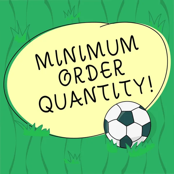 Word writing text Minimum Order Quantity. Business concept for lowest quantity of a product a supplier can sell Soccer Ball on the Grass and Blank Outlined Round Color Shape photo.