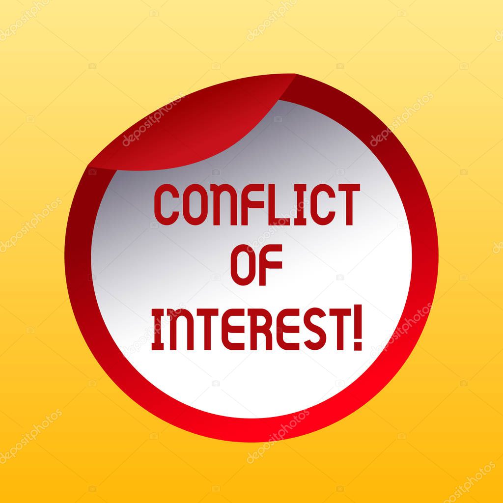 Handwriting text Conflict Of Interest. Concept meaning interests of public duty versus private interests Bottle Packaging Blank Lid Carton Container Easy to Open Foil Seal Cover.