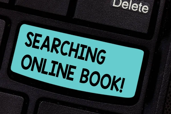Conceptual hand writing showing Searching Online Book. Business photo showcasing resource in book that is offered to read online Keyboard key Intention to create computer message idea. — Stock Photo, Image