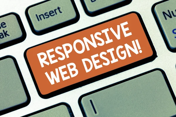 Writing note showing Responsive Web Design. Business photo showcasing web page creation that makes use of flexible layouts Keyboard key Intention to create computer message pressing keypad idea.