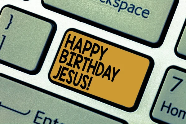 Word writing text Happy Birthday Jesus. Business concept for Celebrating the birth of the holy God Christmas Day Keyboard key Intention to create computer message pressing keypad idea.