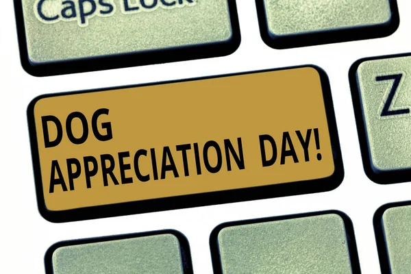 Word writing text Dog Appreciation Day. Business concept for a day to appreciate your best friend on four legs Keyboard key Intention to create computer message pressing keypad idea.