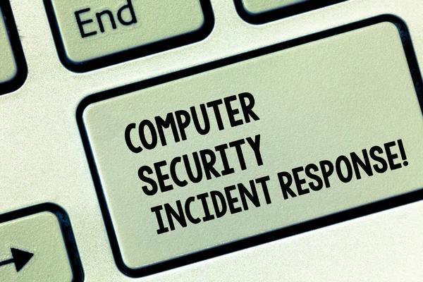 Conceptual hand writing showing Computer Security Incident Response. Business photo showcasing Technology errors safety analysisagement Keyboard key Intention to create computer message idea.