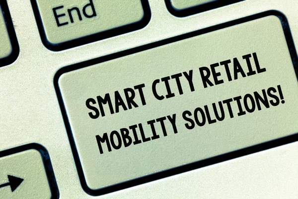 Conceptual hand writing showing Smart City Retail Mobility Solutions. Business photo showcasing Connected technological modern cities Keyboard key Intention to create computer message idea.