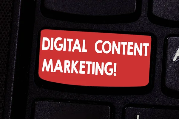 Handwriting text Digital Content Marketing. Concept meaning distributing content to a targeted audience online Keyboard key Intention to create computer message pressing keypad idea.