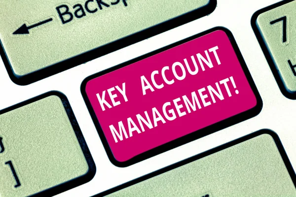 Writing note showing Key Account Management. Business photo showcasing Selling products to big customers and clients Keyboard key Intention to create computer message pressing keypad idea.
