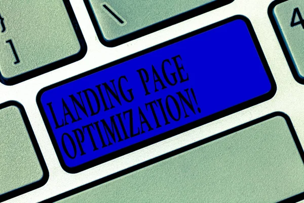 Text sign showing Landing Page Optimization. Conceptual photo Improve elements of a website to rise conversion Keyboard key Intention to create computer message pressing keypad idea. — Stock Photo, Image