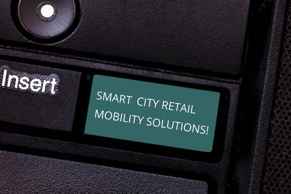 Conceptual hand writing showing Smart City Retail Mobility Solutions. Business photo showcasing Connected technological modern cities Keyboard key Intention to create computer message idea.