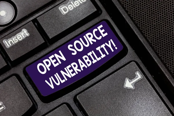 Writing note showing Open Source Vulnerability. Business photo showcasing Publicized Exploits are open to malicious users Keyboard key Intention to create computer message pressing keypad idea.