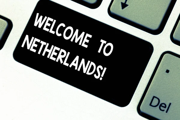 Conceptual hand writing showing Welcome To Netherlands. Business photo showcasing Warm greeting to the visitors of Netherlands Keyboard key Intention to create computer message idea.