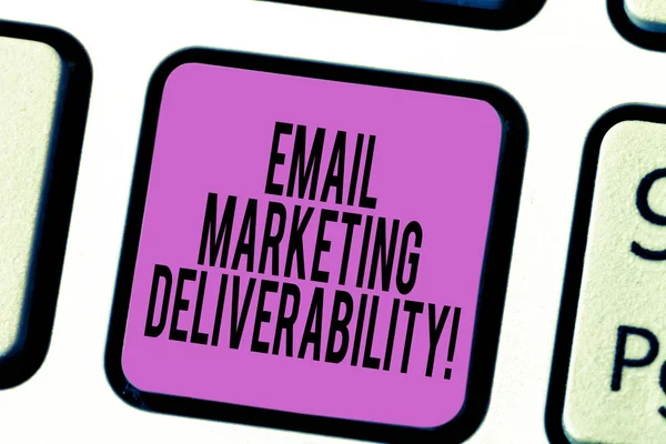 Text sign showing Email Marketing Deliverability. Conceptual photo Ability to deliver emails to subscribers Keyboard key Intention to create computer message pressing keypad idea.