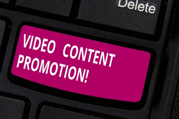 Writing note showing Video Content Promotion. Business photo showcasing video with the intent to promote the products Keyboard key Intention to create computer message pressing keypad idea.